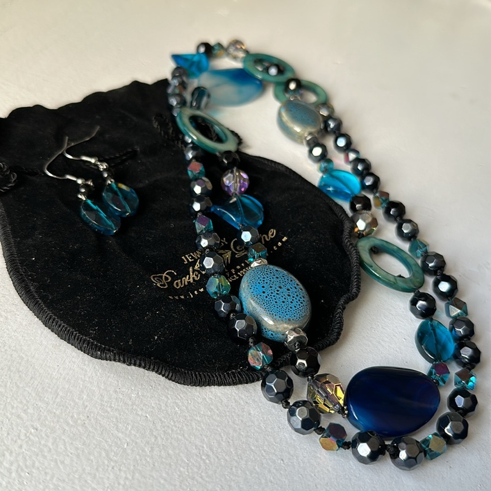 Long blue beaded Park Lane necklace and matching earrings
